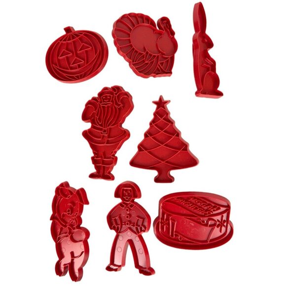 Tupperware Cookie Cutter Set 8 Red Plastic Handle Christmas Birthday Halloween - Picture 1 of 4